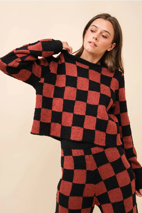 Checkerboard Knit Set Sweater BRICK BLACK-Set-Blue B-S-BRICK BLACK-Urbanheer