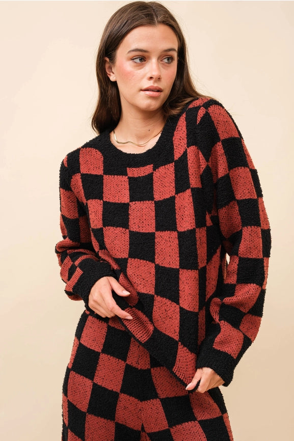 Checkerboard Knit Set Sweater BRICK BLACK-Set-Blue B-S-BRICK BLACK-Urbanheer