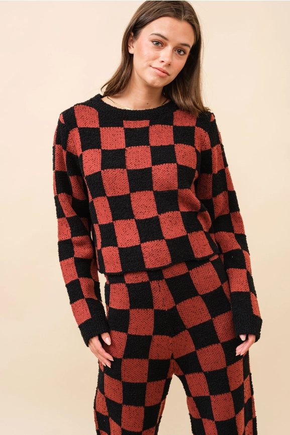 Checkerboard Knit Set Sweater BRICK BLACK-Set-Blue B-S-BRICK BLACK-Urbanheer