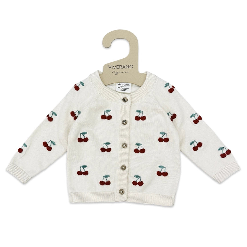 Cherry Embroidered Sweater Knit Baby Cardigan (Organic)-Cardigan-Viverano Organics-0-3M-Sweet Cream-Urbanheer