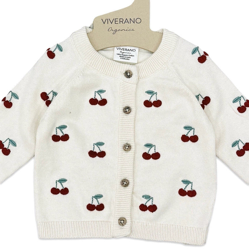 Cherry Embroidered Sweater Knit Baby Cardigan (Organic)-Cardigan-Viverano Organics-0-3M-Sweet Cream-Urbanheer
