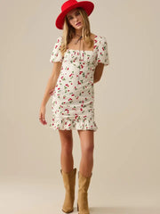 Cherry Puff Sleeve Mini Dress-Dress-Q2-M-WHITE-Urbanheer