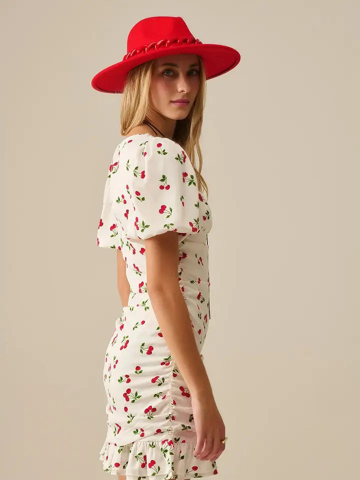 Cherry Puff Sleeve Mini Dress-Dress-Q2-M-WHITE-Urbanheer