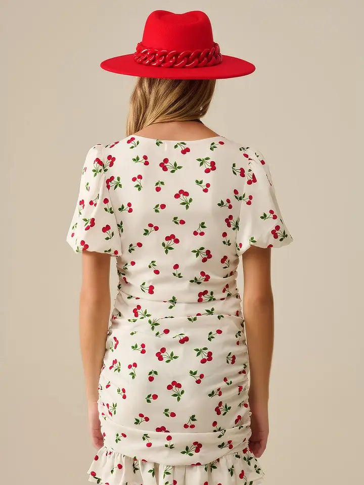 Cherry Puff Sleeve Mini Dress-Dress-Q2-M-WHITE-Urbanheer