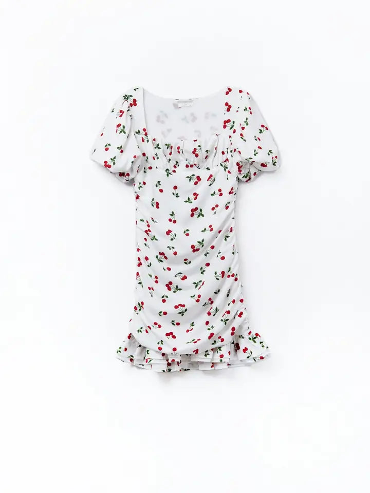 Cherry Puff Sleeve Mini Dress-Dress-Q2-M-WHITE-Urbanheer