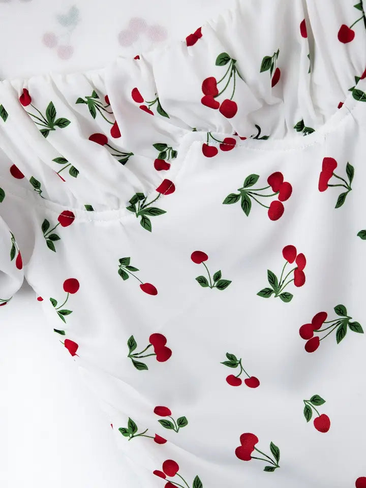 Cherry Puff Sleeve Mini Dress-Dress-Q2-M-WHITE-Urbanheer