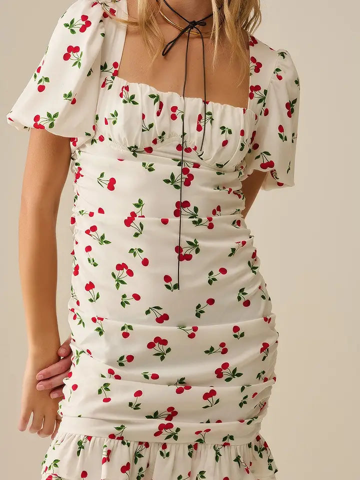 Cherry Puff Sleeve Mini Dress-Dress-Q2-M-WHITE-Urbanheer