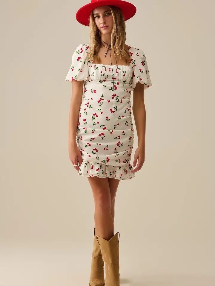 Cherry Puff Sleeve Mini Dress-Dress-Q2-M-WHITE-Urbanheer
