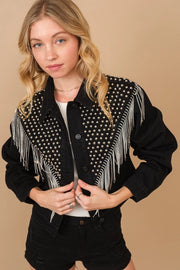 Chevron Beaded Fringe Crop Denim Jacket-Jacket-Blue B-S-BLACK-Urbanheer