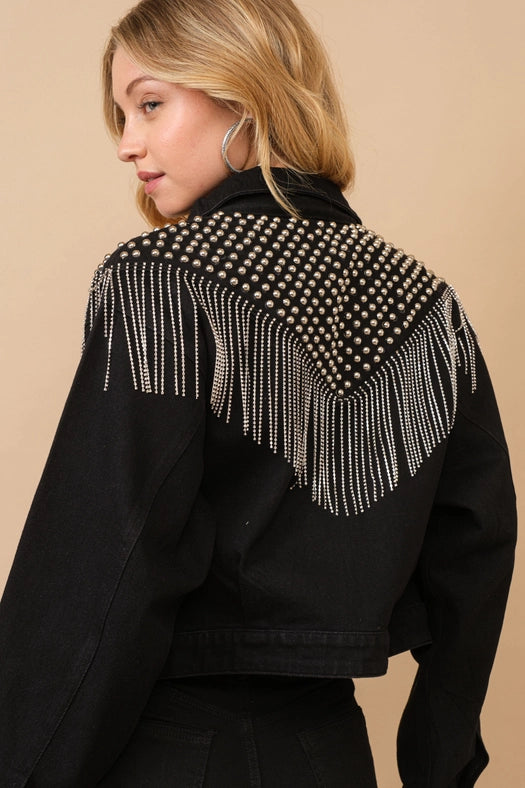 Chevron Beaded Fringe Crop Denim Jacket-Jacket-Blue B-S-BLACK-Urbanheer