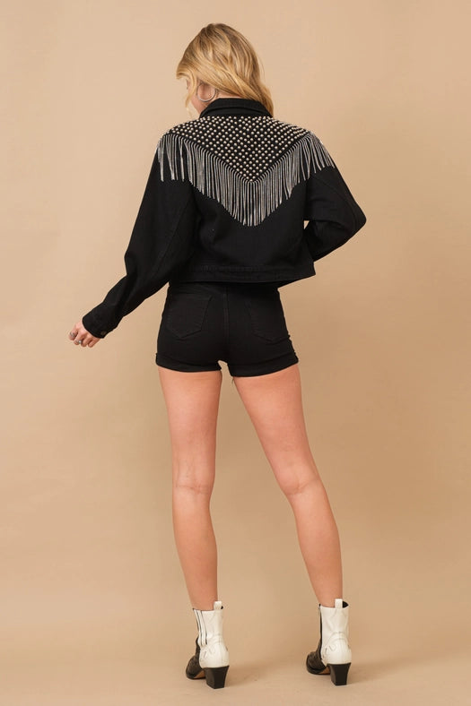 Chevron Beaded Fringe Crop Denim Jacket-Jacket-Blue B-S-BLACK-Urbanheer