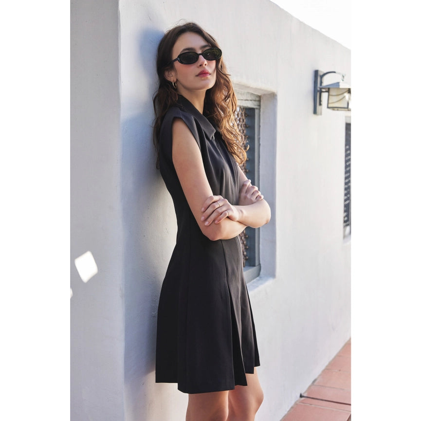 Chic Mini Dress with Front Zipper and Pleated Hem BLACK-Dress-idem ditto-S-BLACK-Urbanheer