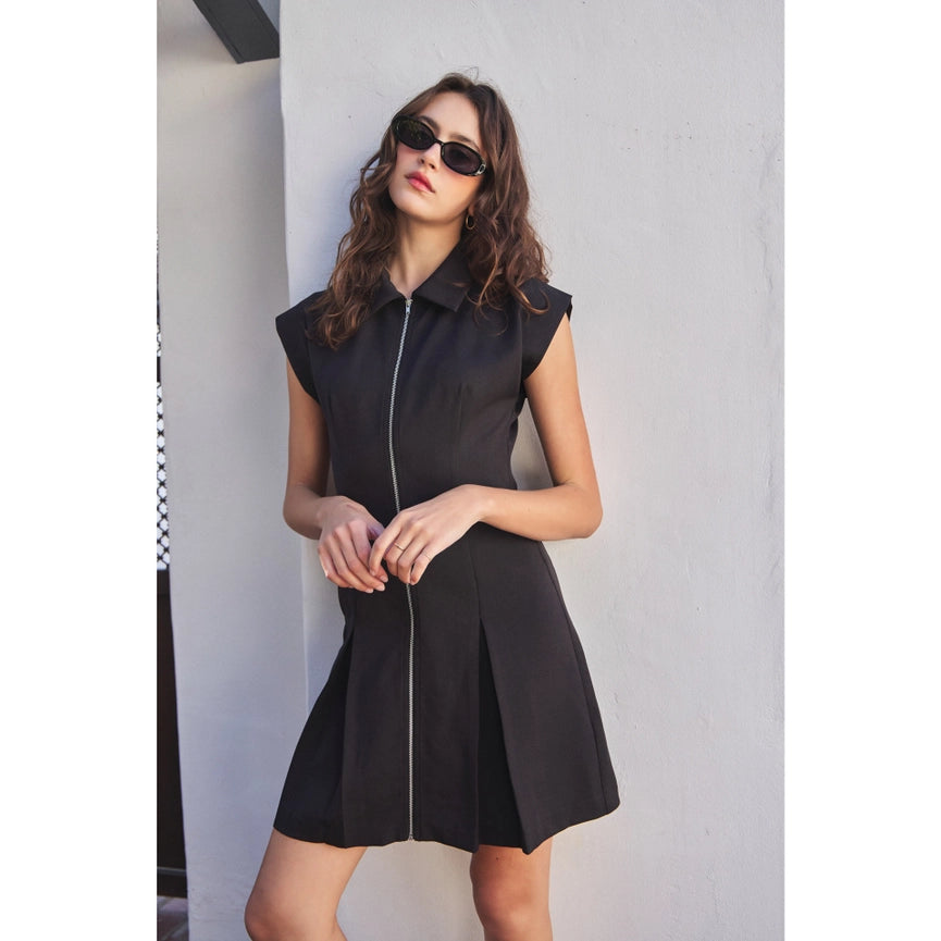Chic Mini Dress with Front Zipper and Pleated Hem BLACK-Dress-idem ditto-S-BLACK-Urbanheer