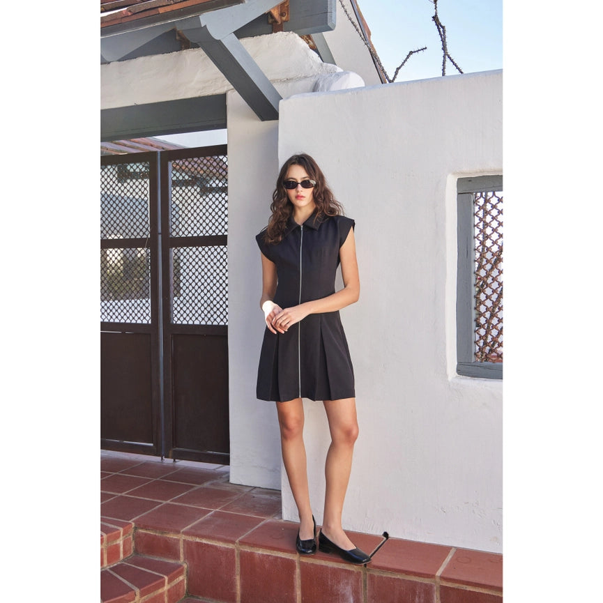 Chic Mini Dress with Front Zipper and Pleated Hem BLACK-Dress-idem ditto-S-BLACK-Urbanheer