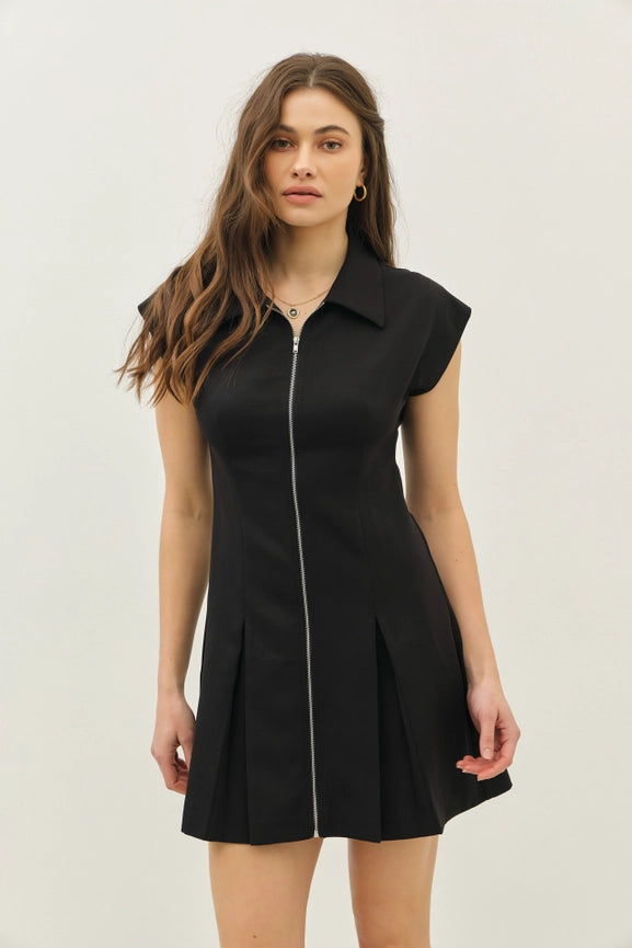 Chic Mini Dress with Front Zipper and Pleated Hem BLACK-Dress-idem ditto-S-BLACK-Urbanheer