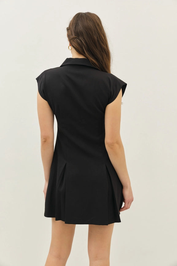 Chic Mini Dress with Front Zipper and Pleated Hem BLACK-Dress-idem ditto-S-BLACK-Urbanheer
