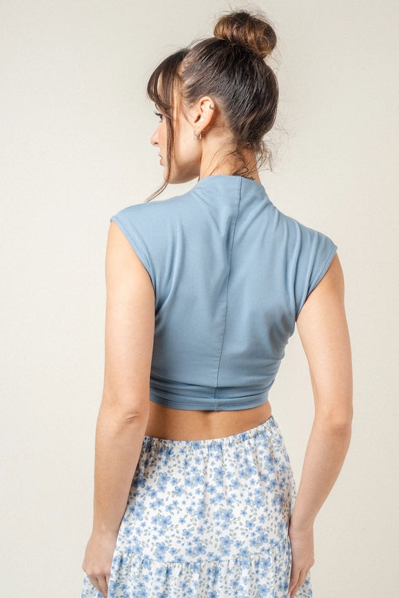Chic Mock Neck Cap Sleeve Ruched Crop TOP SALTE BLUE-Top-Fore Collection-Urbanheer