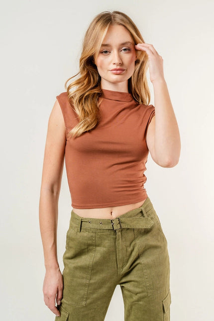 Chic Mock Neck Cap Sleeve Ruched Crop TOP-Top-Fore Collection-S-CHOCOLATE-Urbanheer