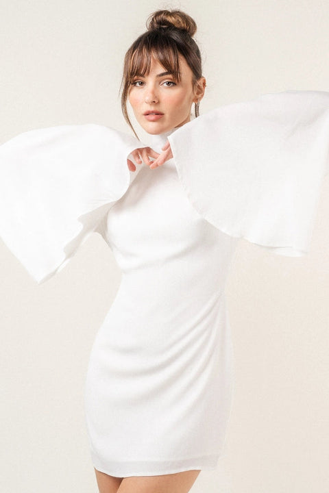 Chic Mock Neck Dramatic Flared Sleeve Mini DRESS-Dress-Fore Collection-White-S-Urbanheer