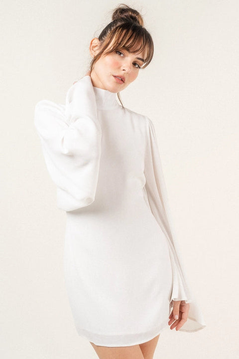 Chic Mock Neck Dramatic Flared Sleeve Mini DRESS-Dress-Fore Collection-White-S-Urbanheer