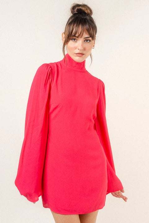 Chic Mock Neck Dramatic Flared Sleeve Mini Dress Fuchsia-Dress-Fore Collection-S-FUCHSIA-Urbanheer