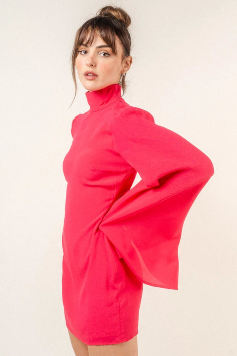 Chic Mock Neck Dramatic Flared Sleeve Mini Dress Fuchsia-Dress-Fore Collection-S-FUCHSIA-Urbanheer
