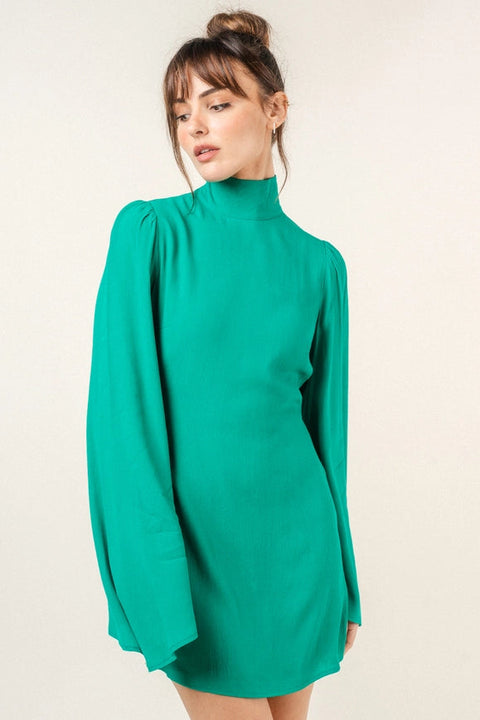 Chic Mock Neck Dramatic Flared Sleeve Mini Dress Kelly Green-Dress-Fore Collection-S-KELLY GREEN-Urbanheer