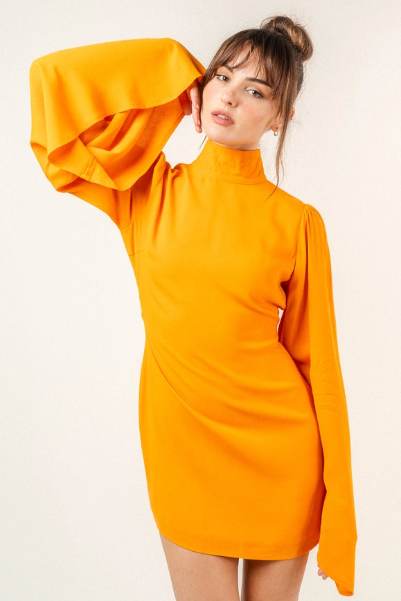 Chic Mock Neck Dramatic Flared Sleeve Mini Dress Mango-Dress-Fore Collection-S-MANGO-Urbanheer