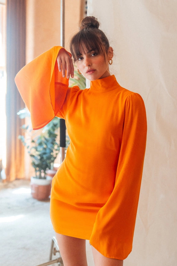 Chic Mock Neck Dramatic Flared Sleeve Mini Dress Mango-Dress-Fore Collection-S-MANGO-Urbanheer