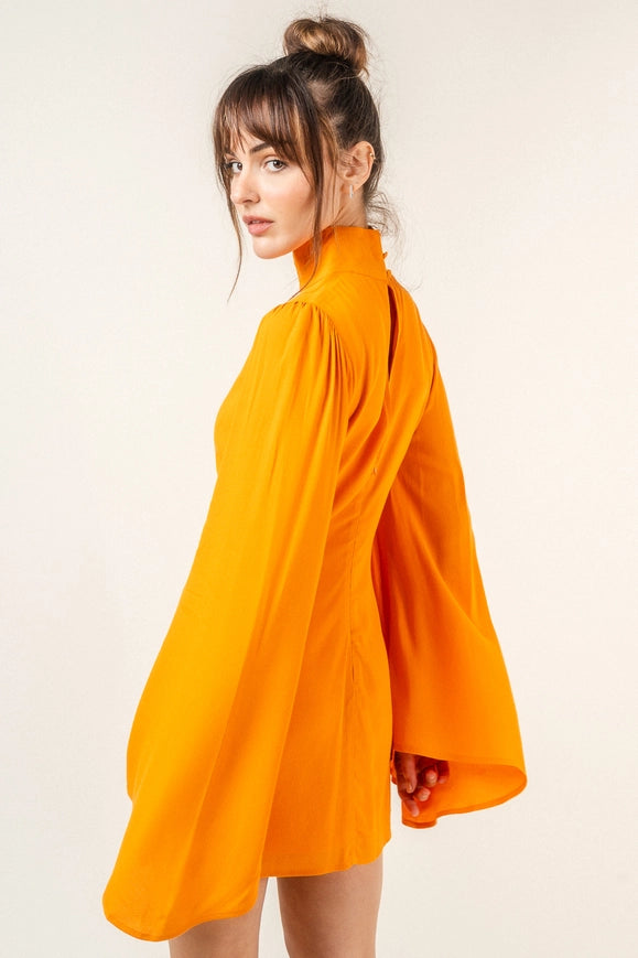 Chic Mock Neck Dramatic Flared Sleeve Mini Dress Mango-Dress-Fore Collection-S-MANGO-Urbanheer