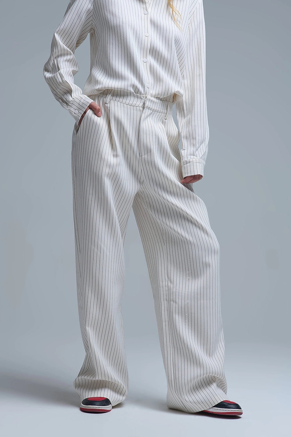 Chic Pinstripe Cream Wide-Leg Pants with Lined Fit