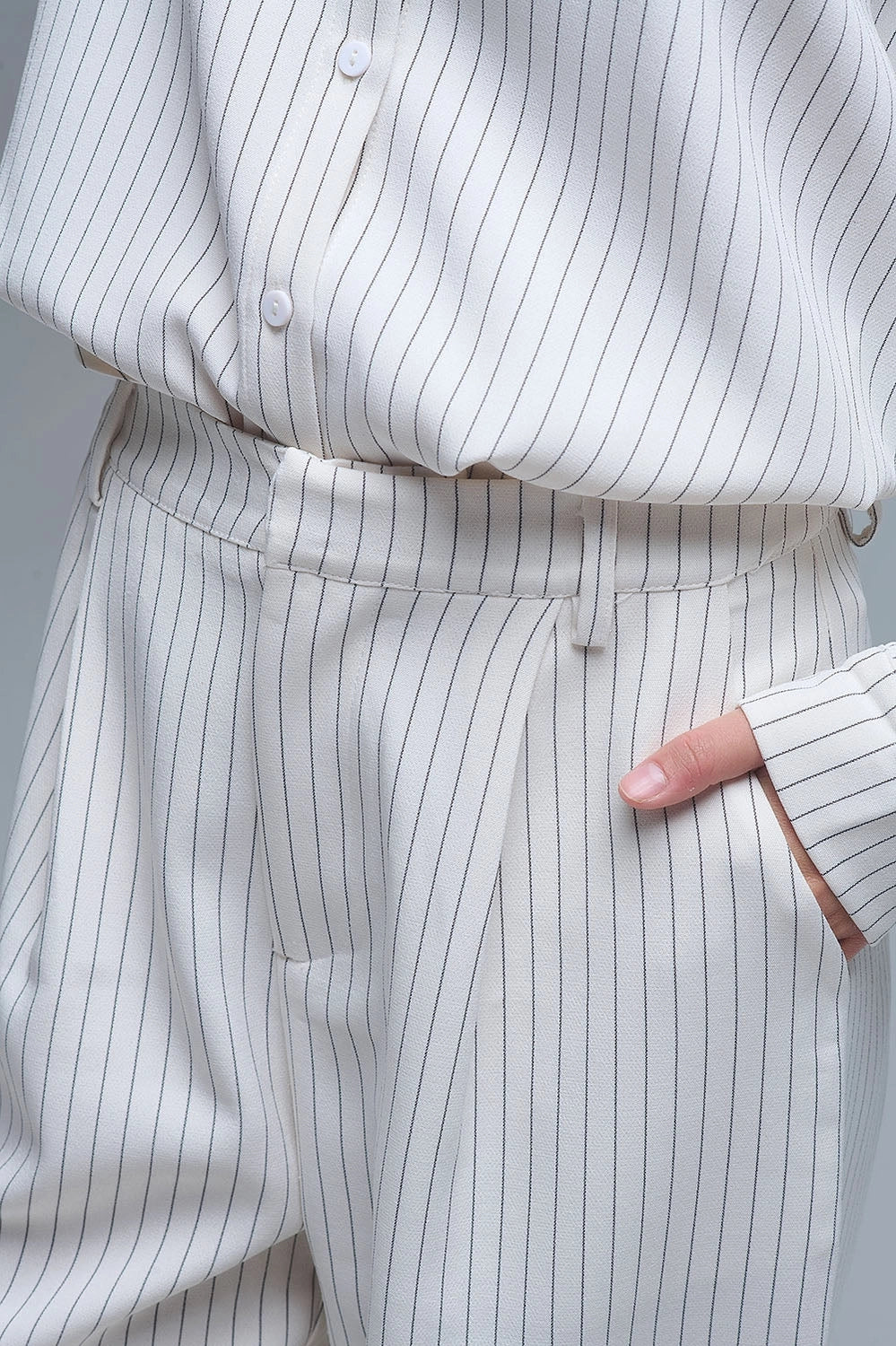 Chic Pinstripe Cream Wide-Leg Pants with Lined Fit