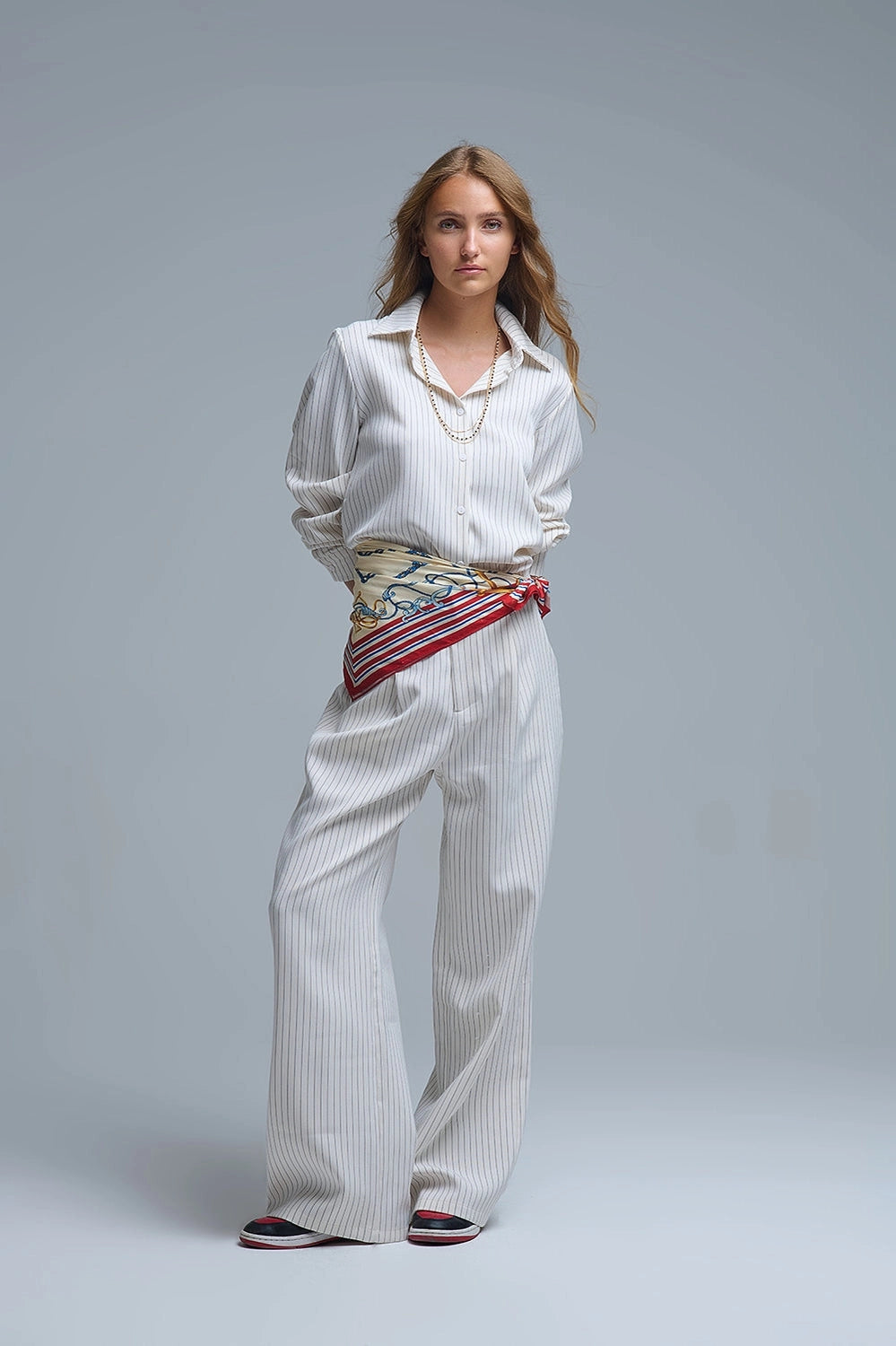 Chic Pinstripe Cream Wide-Leg Pants with Lined Fit