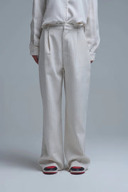 Chic Pinstripe Cream Wide-Leg Pants with Lined Fit