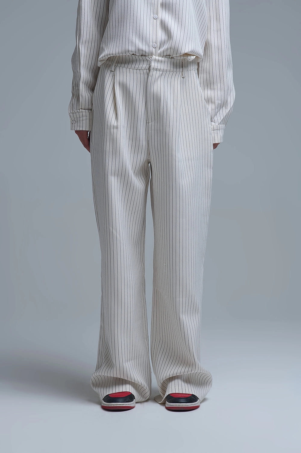 Chic Pinstripe Cream Wide-Leg Pants with Lined Fit