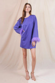 Chic Retro L/S Feather Trim Tunic Mini DRESS-Dress-Fore Collection-S-PURPLE-Urbanheer
