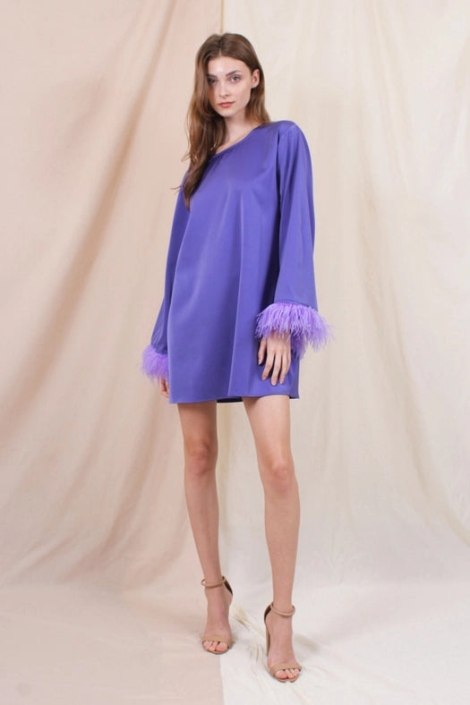 Chic Retro L/S Feather Trim Tunic Mini DRESS-Dress-Fore Collection-S-PURPLE-Urbanheer