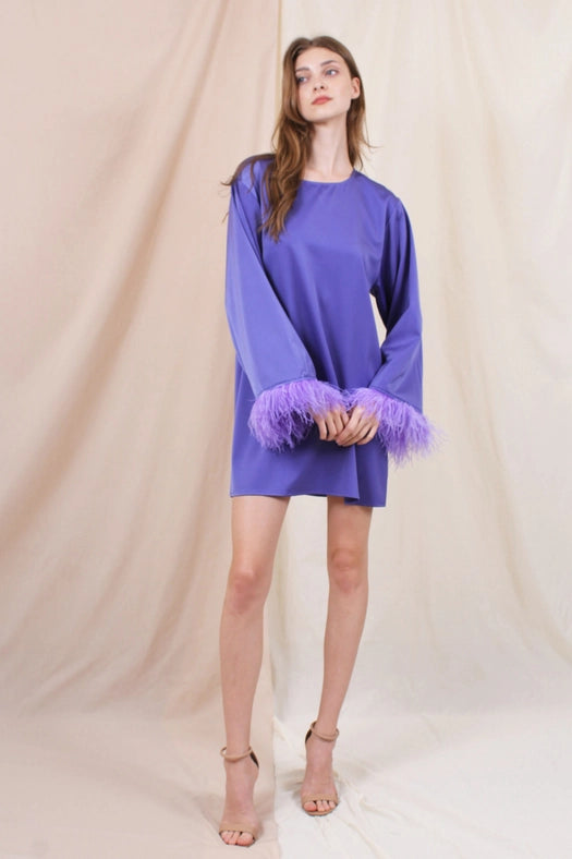 Chic Retro L/S Feather Trim Tunic Mini DRESS-Dress-Fore Collection-S-PURPLE-Urbanheer