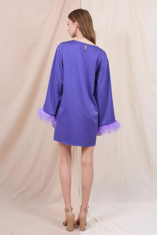 Chic Retro L/S Feather Trim Tunic Mini DRESS-Dress-Fore Collection-S-PURPLE-Urbanheer