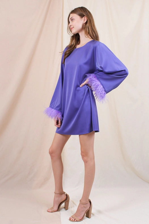 Chic Retro L/S Feather Trim Tunic Mini DRESS-Dress-Fore Collection-S-PURPLE-Urbanheer