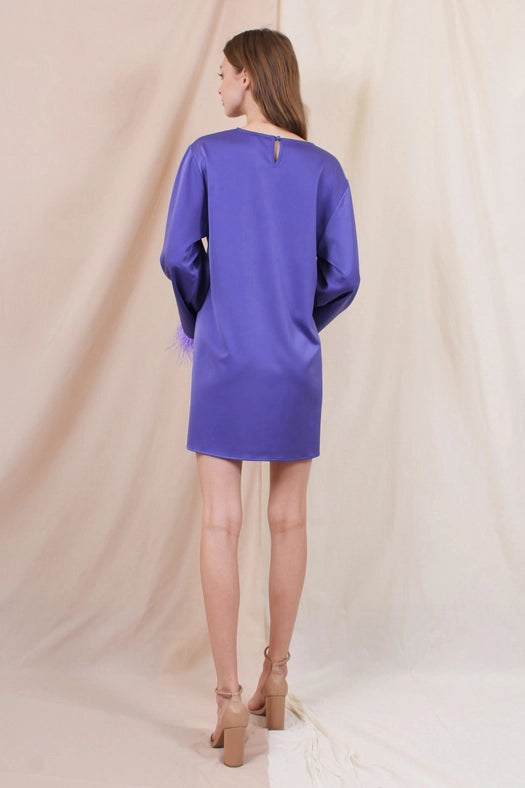 Chic Retro L/S Feather Trim Tunic Mini DRESS-Dress-Fore Collection-S-PURPLE-Urbanheer
