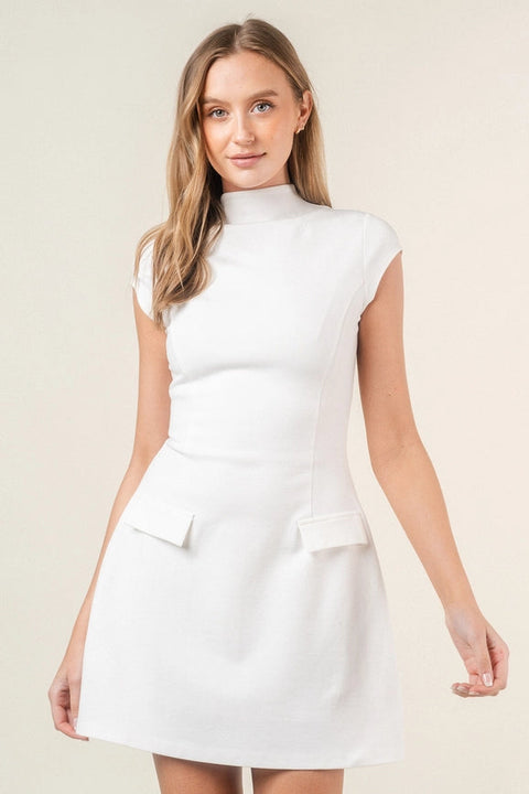 Chic Retro Vintage Mock Neck Cap Sleeve Mini DRESS-Dress-Fore Collection-S-OFF WHITE-Urbanheer