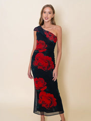 Chic Rose Asymmetrical Drop Shoulder Maxi DRESS