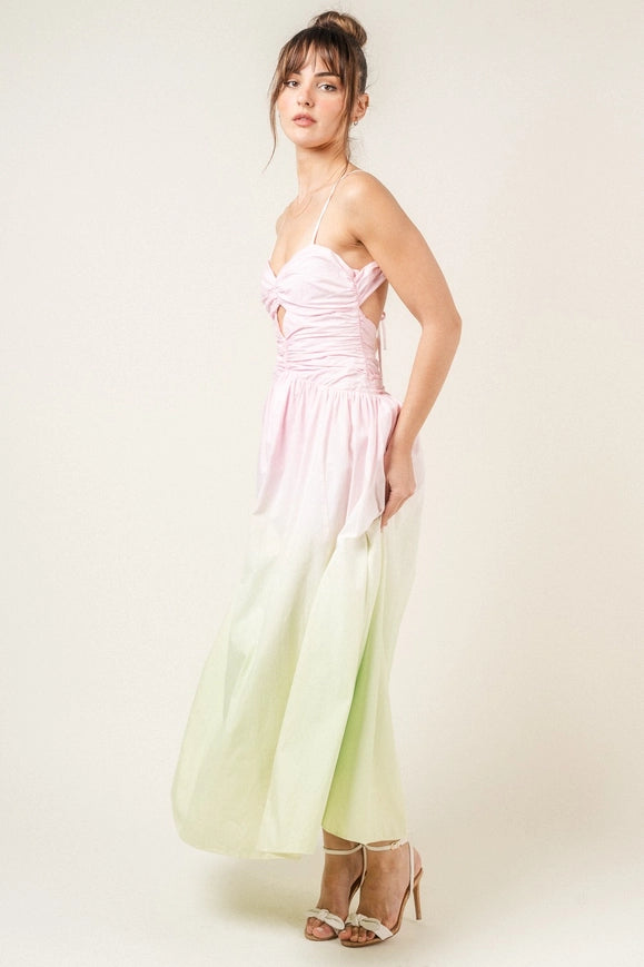 Chic Strappy Back Wrinkled Ombre Maxi Sundress-Dress-Fore Collection-S-Pink/Lime Ombre-Urbanheer