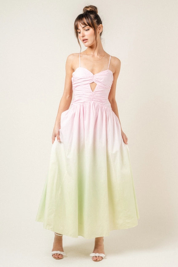 Chic Strappy Back Wrinkled Ombre Maxi Sundress-Dress-Fore Collection-S-Pink/Lime Ombre-Urbanheer