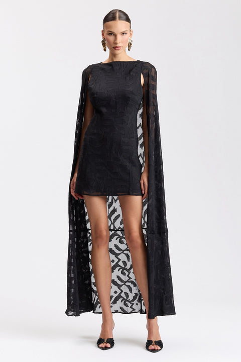 Chiffon Jacquard Maxi-Cape Mini Dress