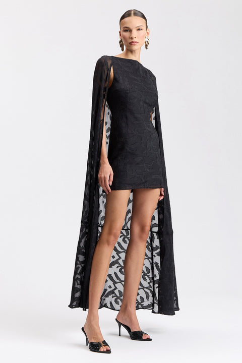 Chiffon Jacquard Maxi-Cape Mini Dress