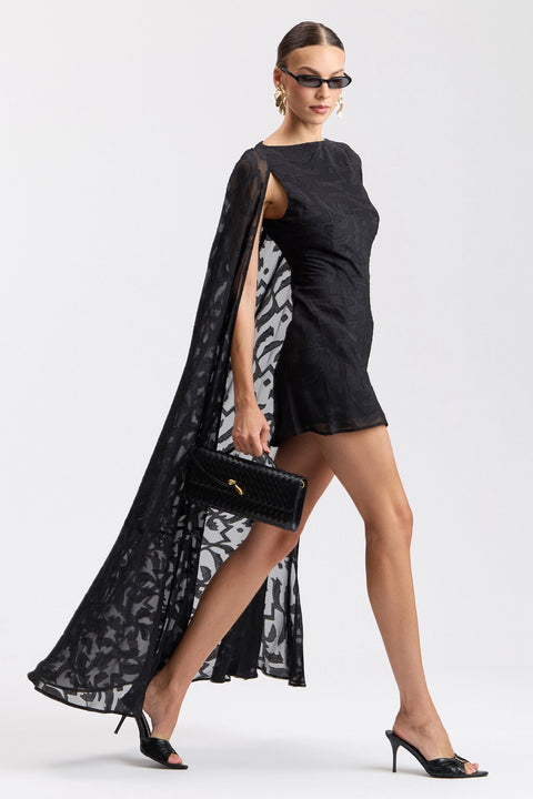 Chiffon Jacquard Maxi-Cape Mini Dress
