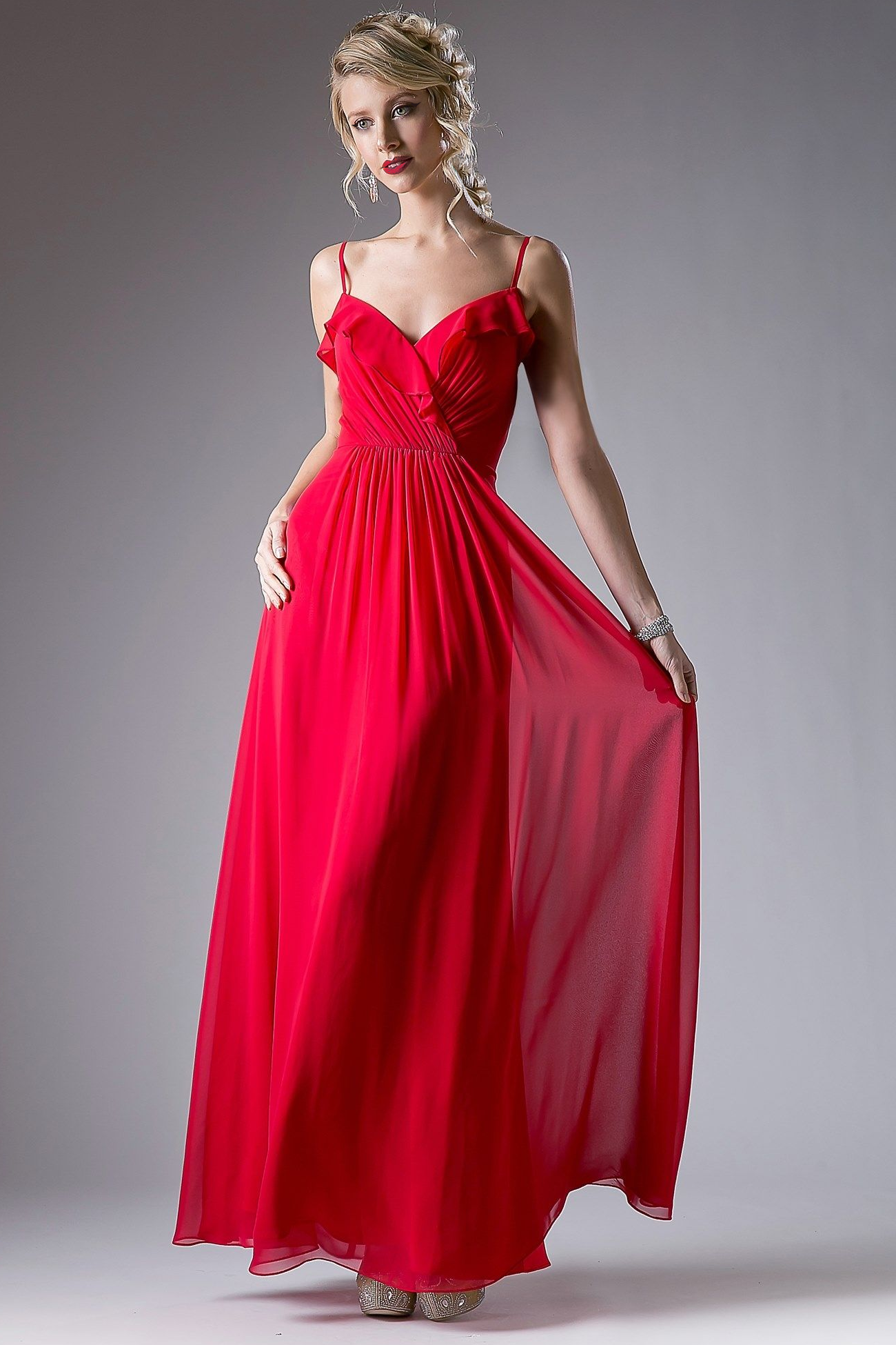 Chiffon Long Empire Waist Dress-Evening-Tux-USA-XS-Red-Urbanheer