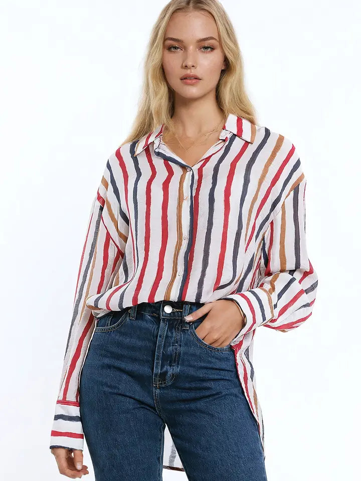 Chiffon Long Sleeve Shirt with Multicolor Stripes Red and Na-Shirt-Q2-S-Brown-Urbanheer